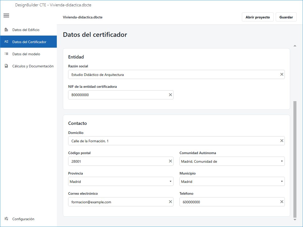 Datos de contacto ficticios. Desplácese para acceder a los campos inferiores.
