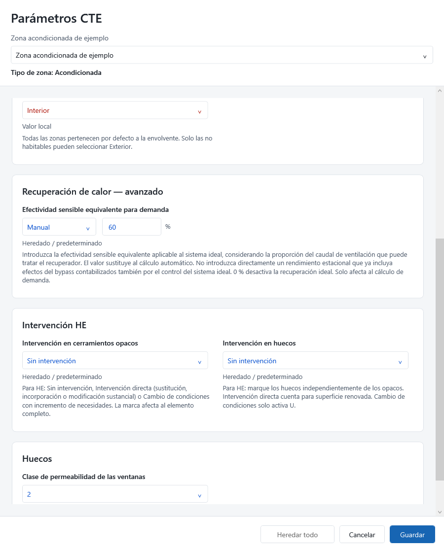 Zona acondicionada con efectividad manual del 60 por ciento heredada.
